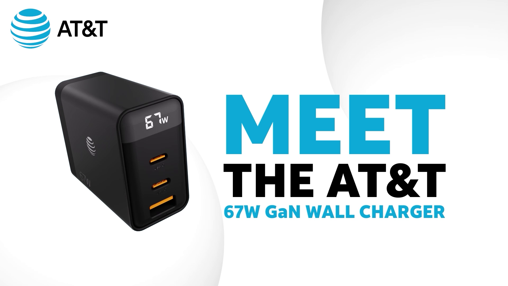 AT&T Essentials Multi Port 67W GaN Wall Charger with LED Display (2 USBC + 1 USBA)